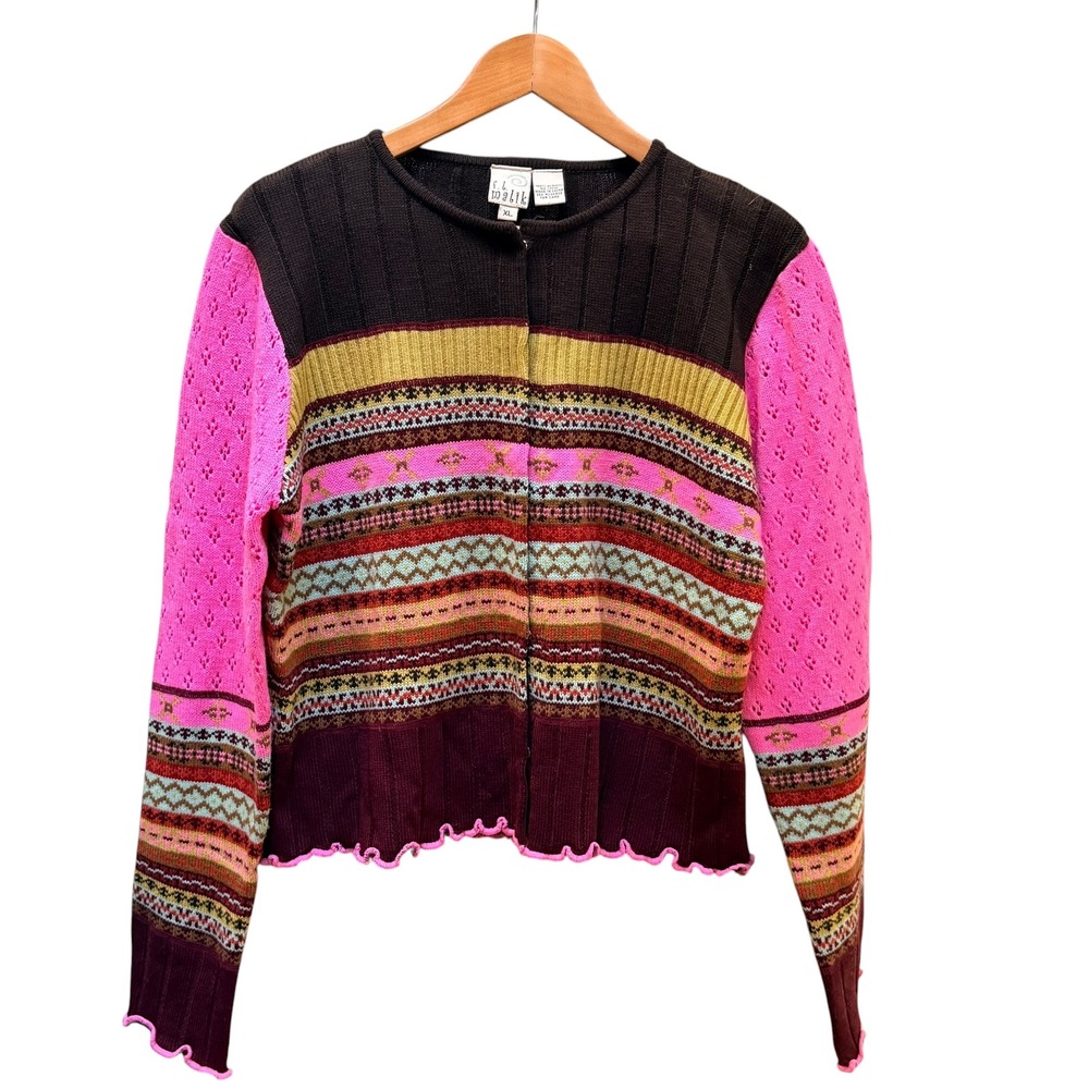 Vintage FL Malik Cardigan Women XL Pink Mixed Print Fair Isle Lettuce Edge Boho